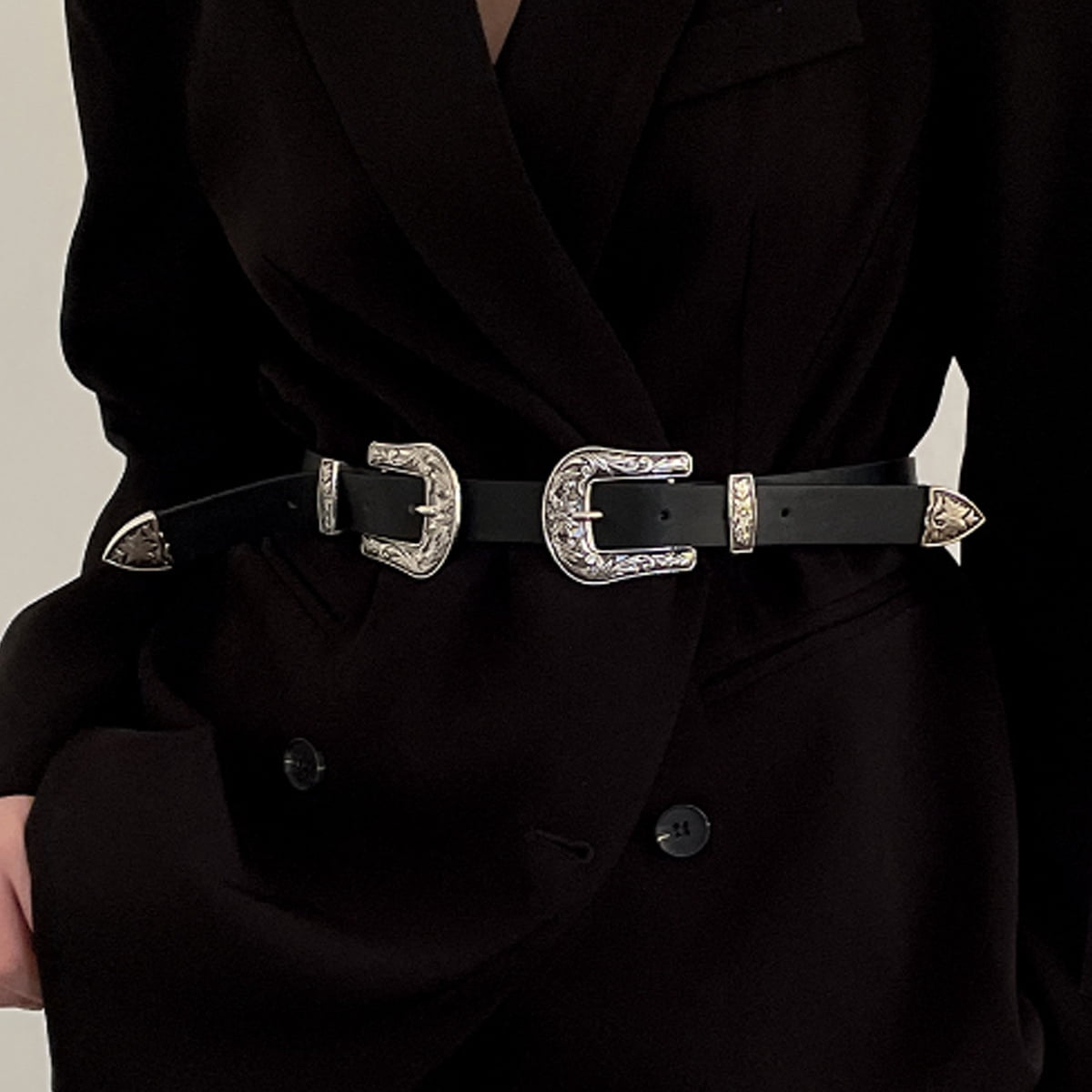 Vintage Western Leather Belt for Women Double Buckle Retro  display picture 3