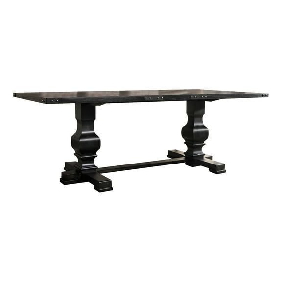 Vintage Black Finish Dining Table - With Stable Double Pedestal Base, 88"w X 40"d 30"h, 153lbs, 28"h Base Height, 100lbs Weight Capacity, Veneer And Pb Fixed Top, Metal Edge Details, Clean