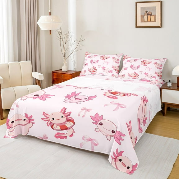 Manfei Cute Cartoon Axolotl Twin Sheet Sets,Kawaii Bowtie Ribbon Twin Fitted Sheet,Pink Bowknot Bow Flat Sheet For Girls Kids,Super Cozy Room Decor,3 Pieces