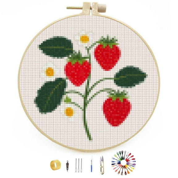 Red Strawberry Plant Stamped Cross Stitch Kits for Beginners with Hoop Simple Patterns 11CT Counted Embroidery Needlepoint Crafts Arts for DIY Enthusiasts and Home Decor 26x26cm(3)