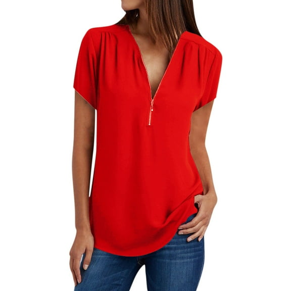 XUELUO Boho Tops For Women Summer Solid Color V Neck Zipper Short Sleeve Loose Casual Shirts For Women Tee Shirts Outwear,Red,XXXXXL
