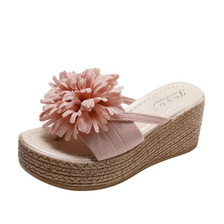 

Women Slippers Sandals And Slippers Spring And Summer Flowers Fabric Platform Thick Bottom Slope Heels Pink 8