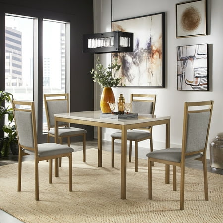 Weston Home Declan Gold Metal Frame Faux Marble Dining Set with 4 Grey Linen Chairs