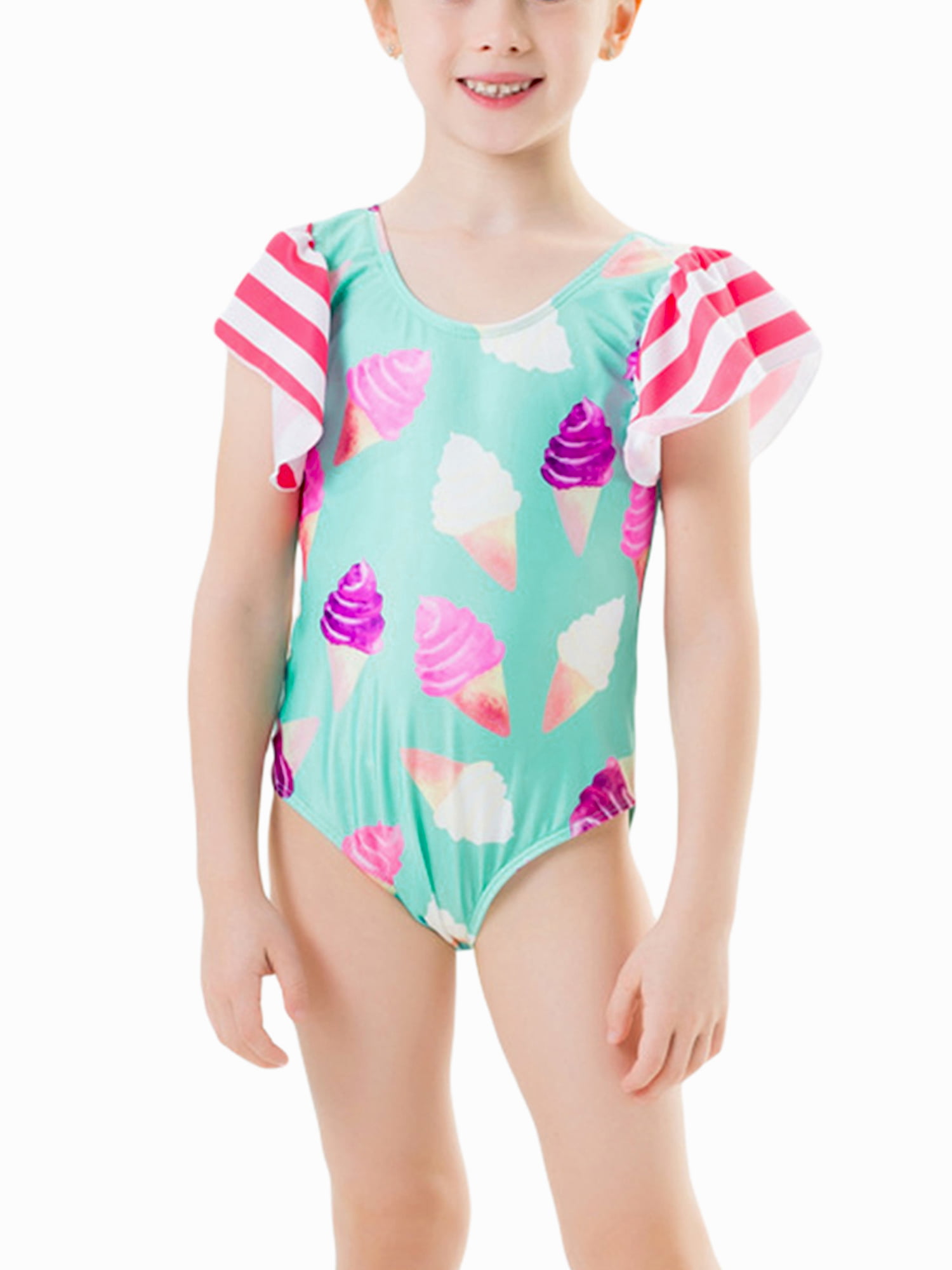 Children Girls Bikini Beach Striped Stitching One-Piece Swimsuit Swimwear Set 