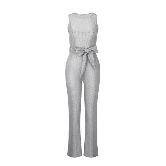 Women's Sequin Jumpsuit Elegant Round Neck Sleeveless Wide Leg Romper with Belt for Stylish Comfort