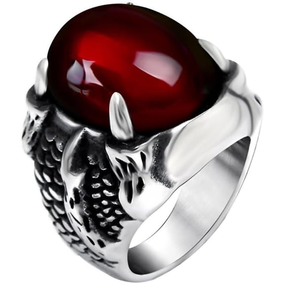 Zephyriana Men's Women's Stainless Steel Couples Ring Vintage Silver Dragon Claw Ring with Red and Black Stones Accessories