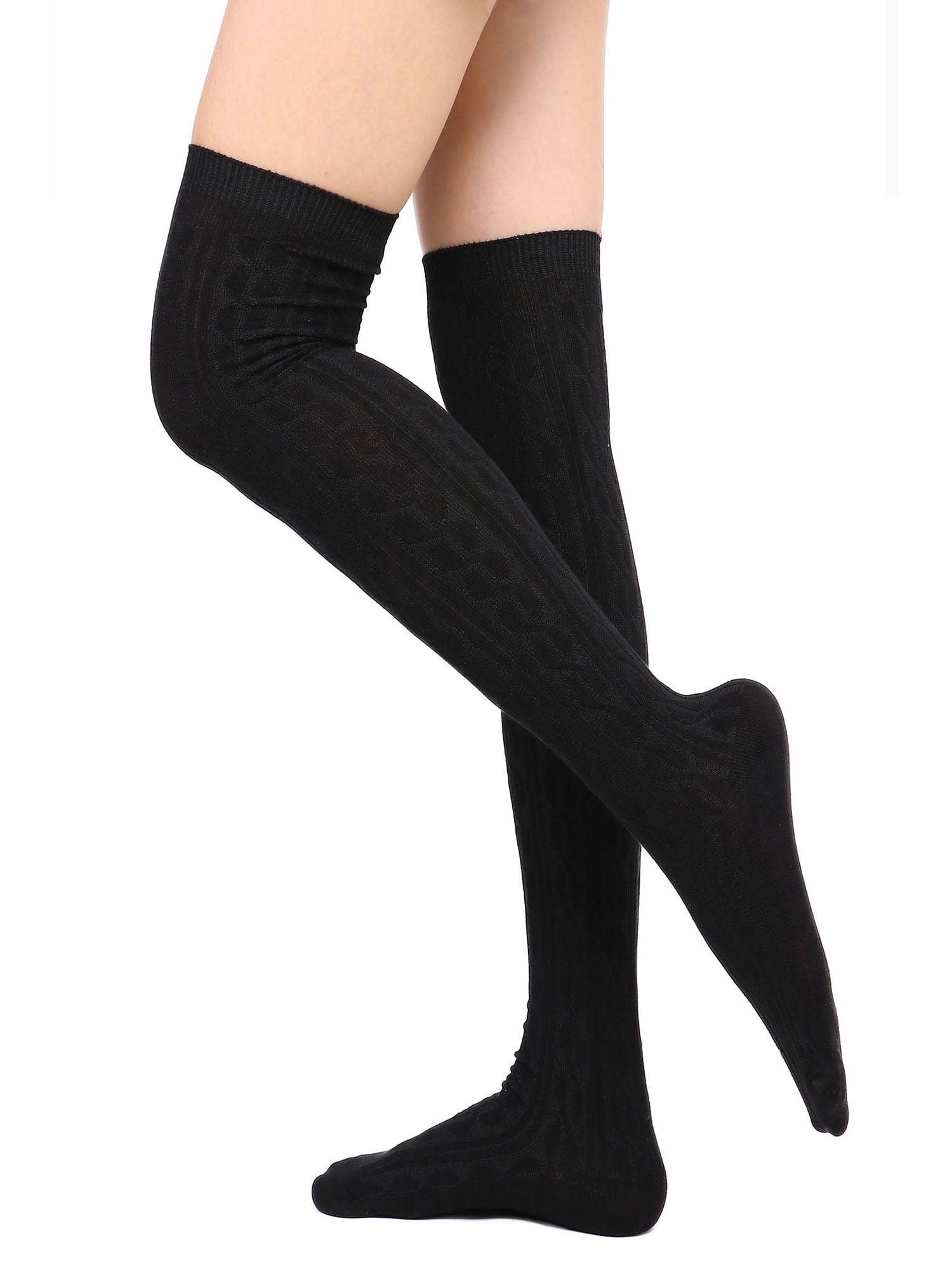 Womens Girls Black Thigh High Socks Plus Size Striped Over Knee High Socks Winter Warm Extra Soft Long Knit Wool Leg Warmers