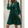 thumbnail image 5 of Women'S Elegant Velvet Long Sleeve Dress Casual Fall V Neck A Line Babydoll Flowy Formal Wedding Party Mini Dress Dark Green M, 5 of 9