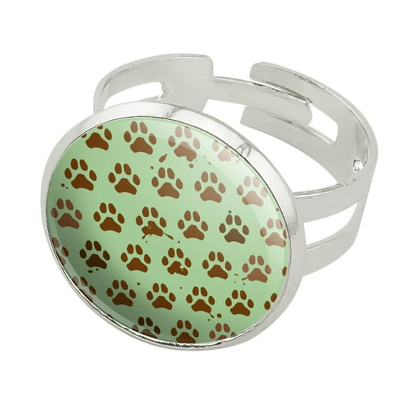 Muddy Dog Paw Print Pattern Silver Plated Adjustable Novelty Ring