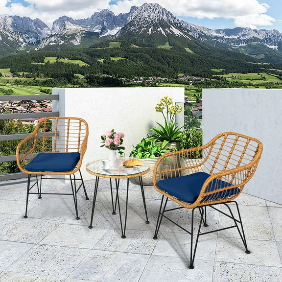 Gymax 3PCS Rattan Patio Bistro Set Conversation Furniture Set w/ Navy Cushions
