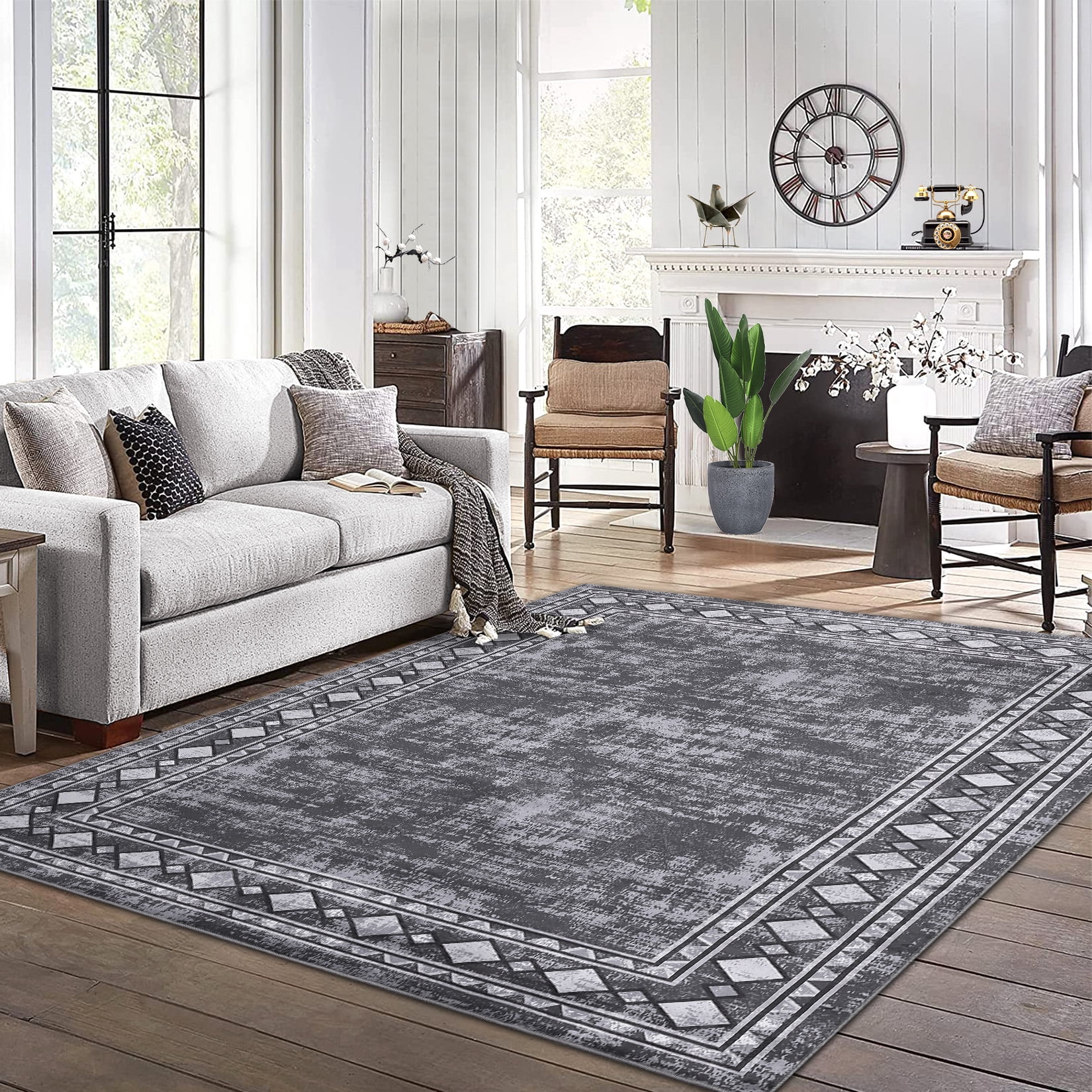 GlowSol 8'x10' Modern Bordered Area Rug Machine Washable Rug Geometric Border Non-Slip Low Pile Accent Rug Foldable Thin Carpet, Gray