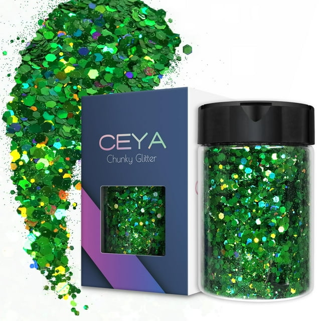 Ceya Holográfica Chunky Glitter 4.9oz/ 140g Verde Craft Glitter Powder Mezclado de copos gruesos y finos Lentejuelas de uñas iridiscentes para decoración de fiesta del día de San Patricio Vasos de res