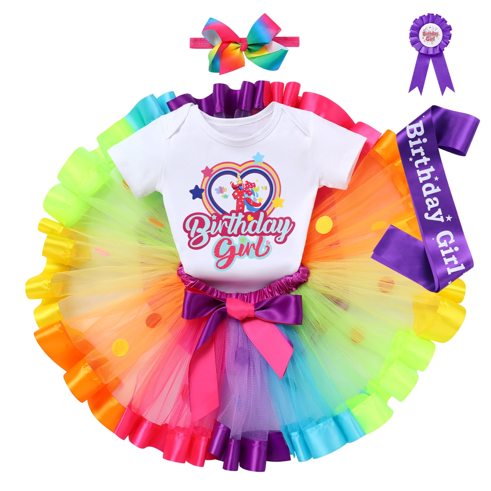 IBTOM CASTLE Toddler Baby Girl Unicorn 1st 2nd 3rd Birthday Outfit Romper + Rainbow Tutu Skirt + Headband + Sash + Badge 5PCS Princess Dress up Clothes Set for Cake Smash Photo Shoot