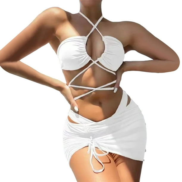 adviicd Womens Swimsuits Two Piece Swimsuits for Women Two Piece Bathing  Suits Ruffled Top High Waisted Bikini Set White,L 