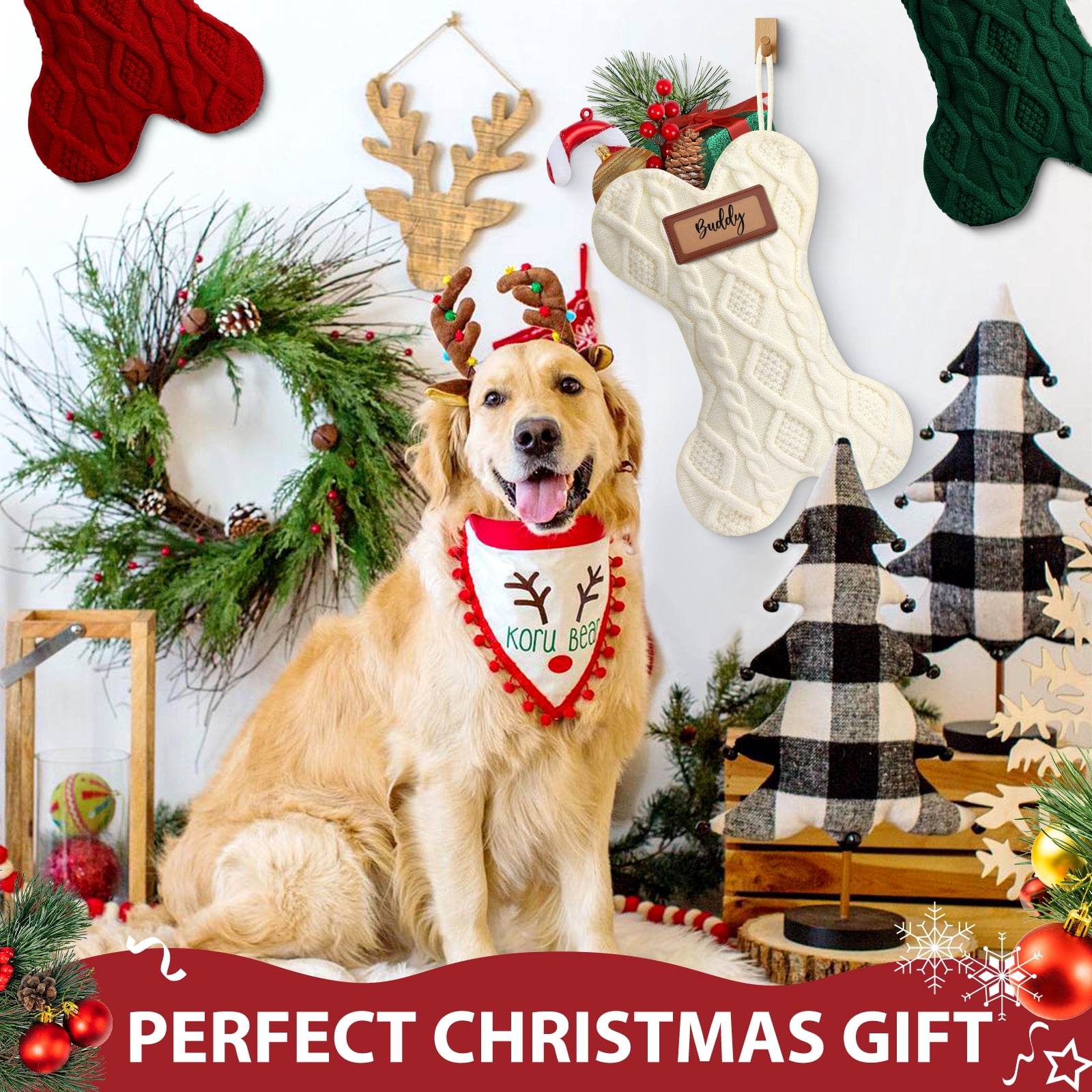 Ayieyill 3pcs 18 Inch Dog Christmas Stocking, Knit White Christmas Stocking for Dogs, Diamond Shape Dog Stocking Christmas Large Pet Stockings Hanging Dog Christmas Stocking