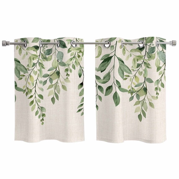 Eucalyptus Leaves Kitchen Curtains Small Short 39 Inch Length, Sage Green Spring Botanical Rustic Grommet Top Bedroom Living Room Curtains, Light Filtering Cafe Curtain Drapes 2 Panels Set 55''x39''