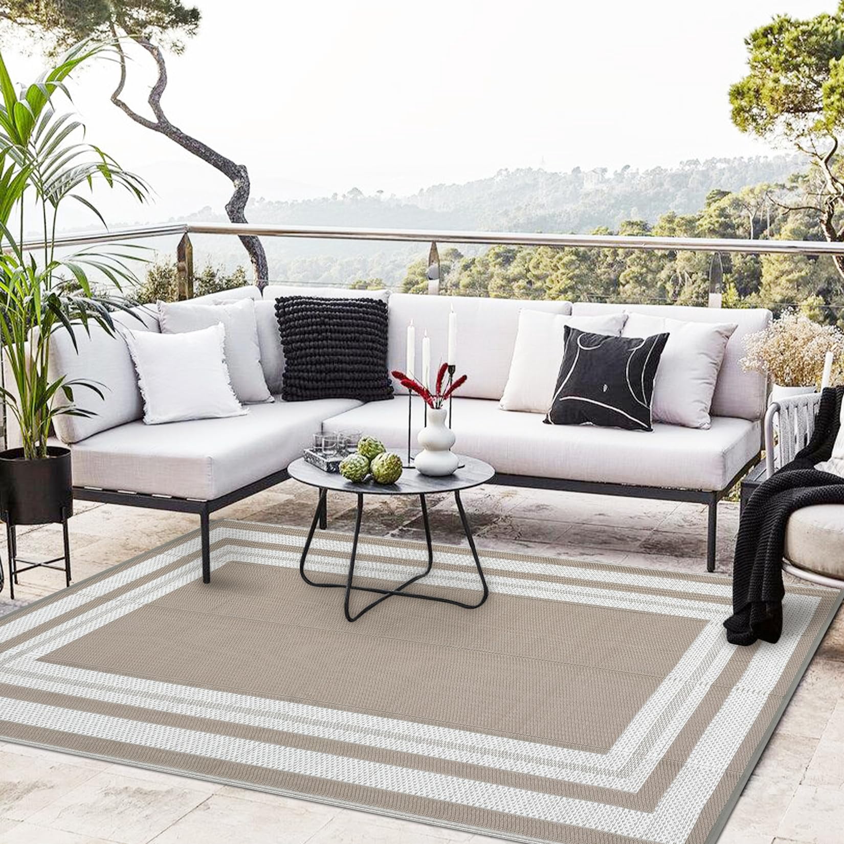 Outdoor Plastic Straw Rug 8x10 Reversible Patio Rug Outdoor Rug Waterproof Camping Rug Portable Outdoor Floor Mat for RV Porch Balcony Patio Camping Picnic Beach Grey Beige Panel