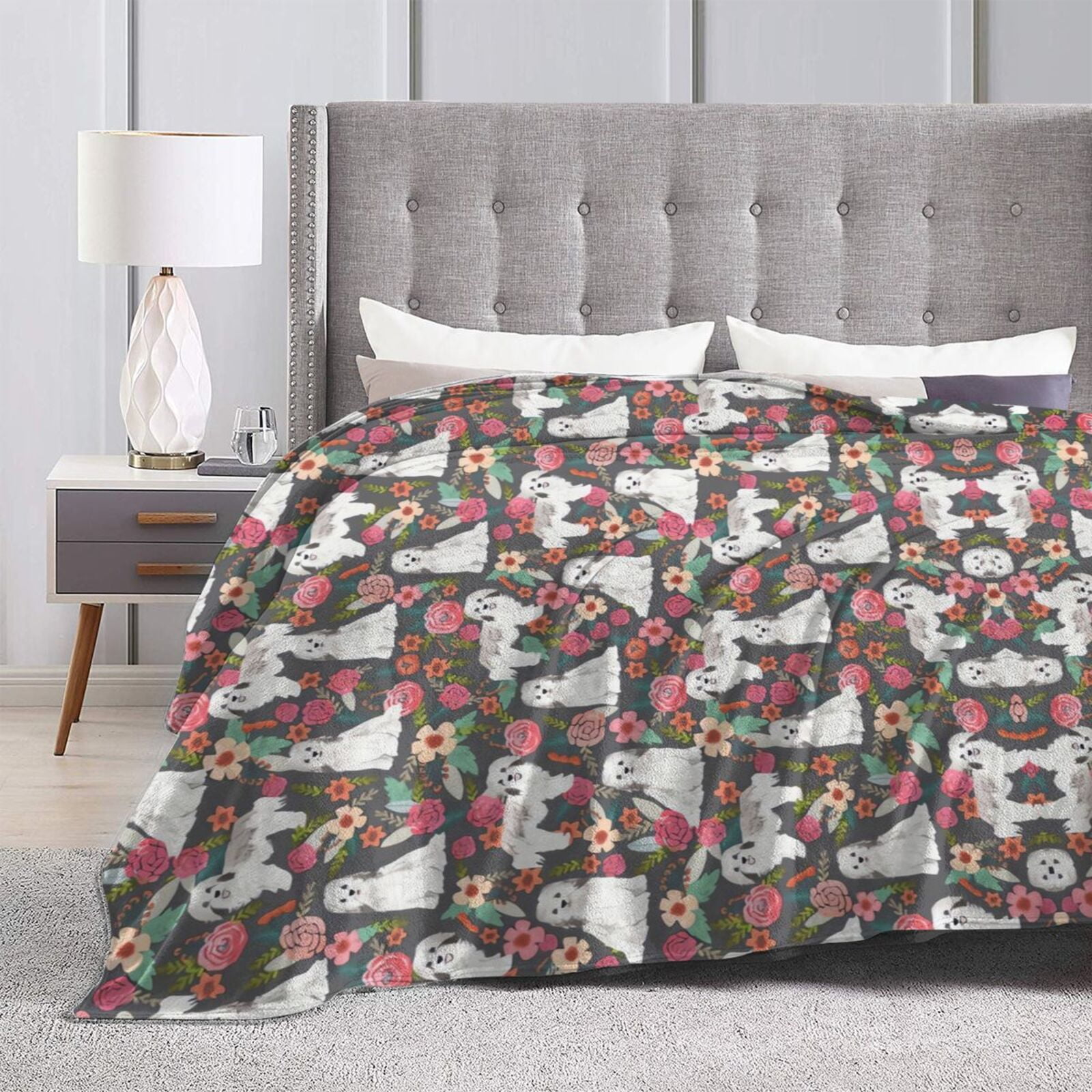 Wijzvio Havanese Dogs Lovers Pink Rose Flower Floral Throw Blanket Soft Fuzzy Fleece Blanket For Couch Bed Living Room Decoration 80"X60"