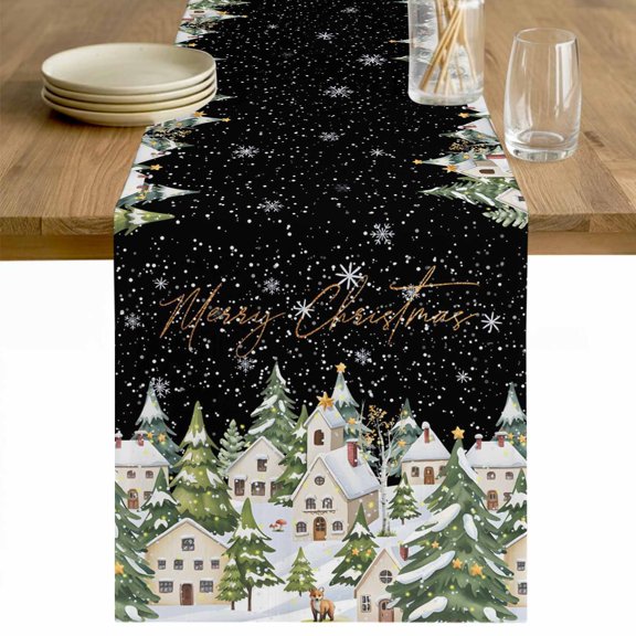 Christmas Table Runner 60 Inches Long Farmhouse Dress Scarves, Winter Xmas Trees Snowflakes Country Cabin Black Dining Tablerunner for Coffee Table/Kitchen Island/Party Décor, 13" x 60"