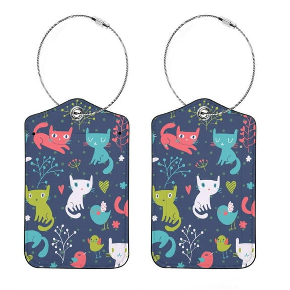 Luggage Tag, Travel Tags, Handbag Tag - Square PU Leather 2 Pack with Privacy Cover and Stainless Steel Ring - Suitable for Travel, Backpack, Handbag [Amazon Approved] Colorful Cats and Birds