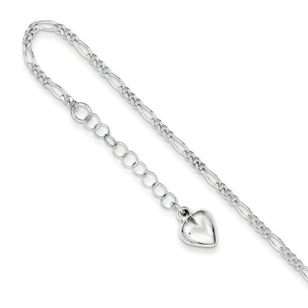 Filigree Heart Anklet - Sterling Silver Polished Heart Adjustable Figaro Chain Anklet, 9 Inch