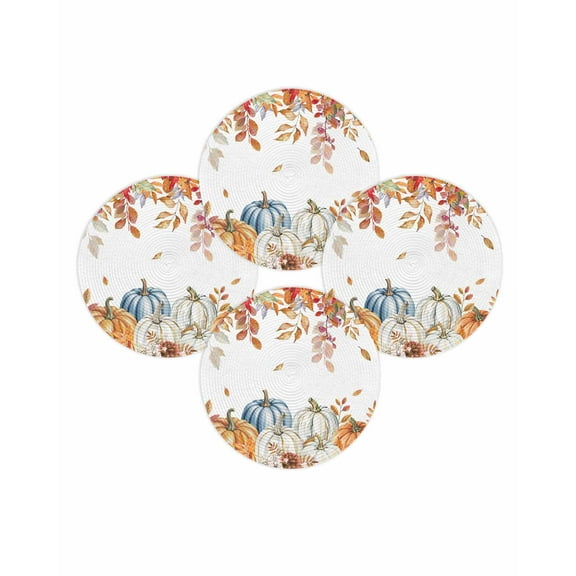 Fall Round Placemats Set of 4 Autumn Pumpkin Place Mats Thanksgiving Woven Placemat Orange Eucalyptus Leaves Circle Braided Table Mat for Kitchen Dining Table Autumn Party Home Decor 15 Inch