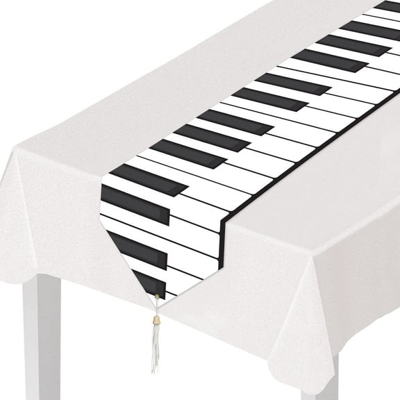 Beistle Printed Glossy Paper Piano Keyboard Table Runner Tableware for Music Theme Party Decorations Supplies, 11" x 6', Black/White
