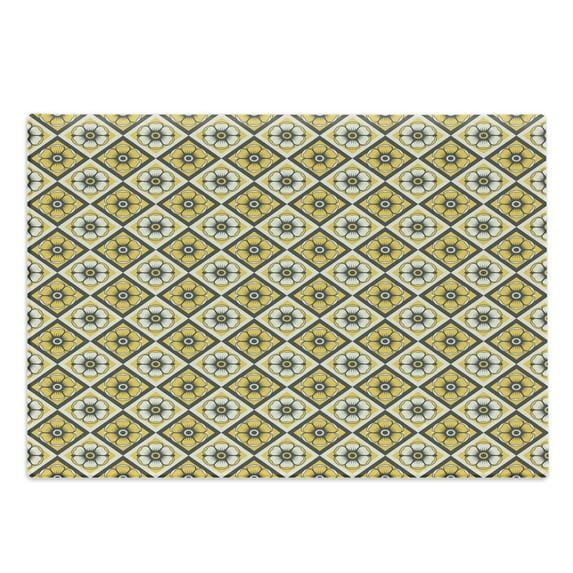 Grey and Yellow Cutting Board, Tile Like Spring Flowers in Rectangular Shape Image, Decorative Tempered Glass Cutting and Serving Board, Large Size, Charcoal Grey Yellow, by Ambesonne