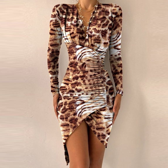 Floenr Womens Plus Size Maxi Dresses,Sexy V Neck Star Printed Slim Summer Dresses,Party Beach Ruched Leopard Print Floral Empire Waist Mini Dress