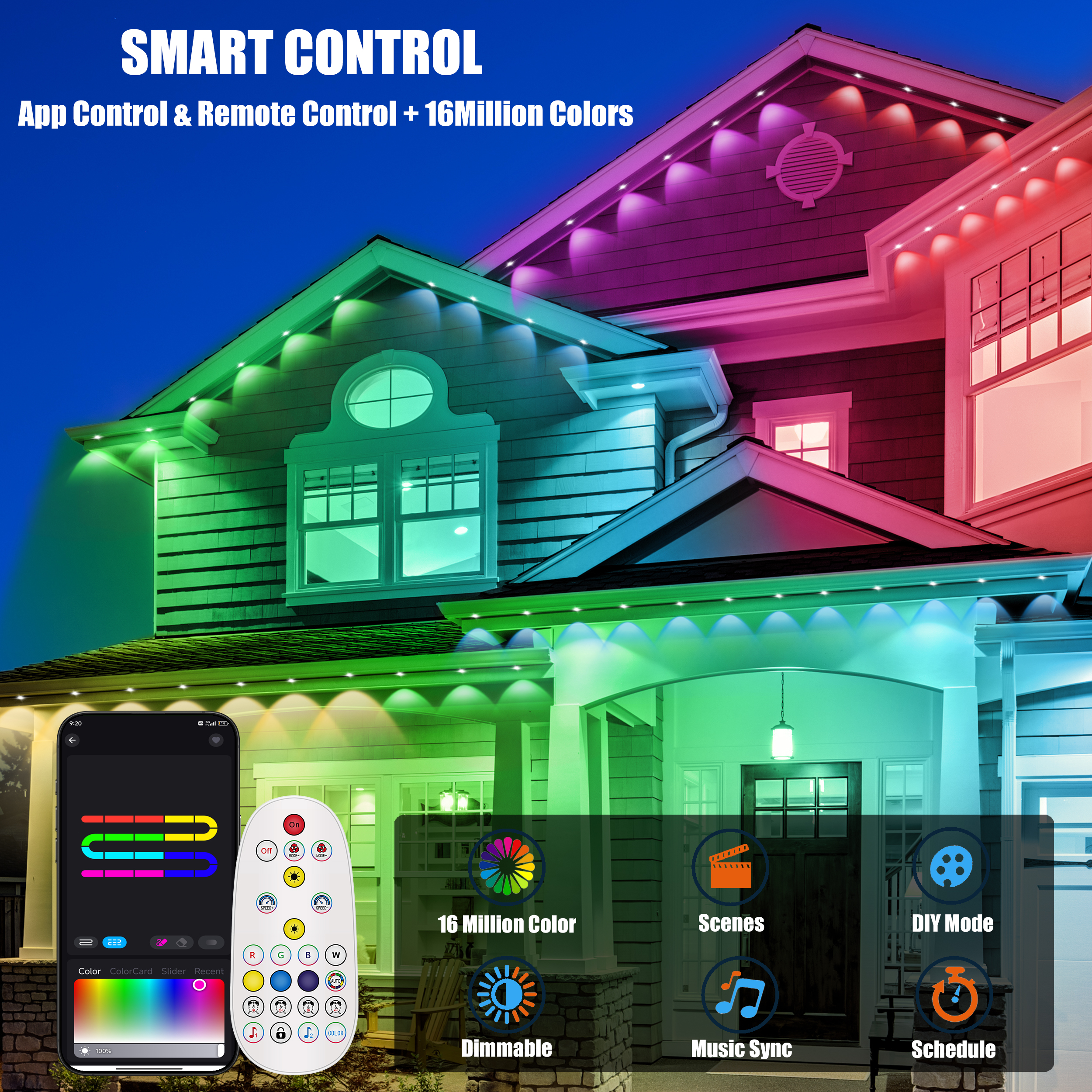 Permanent Outdoor Lights, 50ft 30LEDs Smart RGB Eaves Lights with App Control, IP67 Waterproof for Christams, Patry, Outdoor Decorations