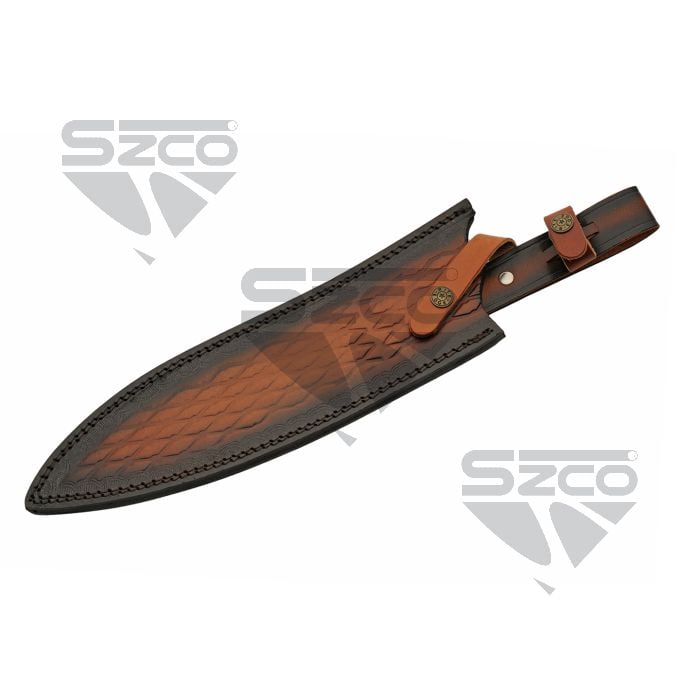 SZCO 18-Inch Heritage Fixed-Blade Field Knife 12.5-Inch Mirror-Polished Stainless Steel Blade with Artisan File-Work and Leather Sheath