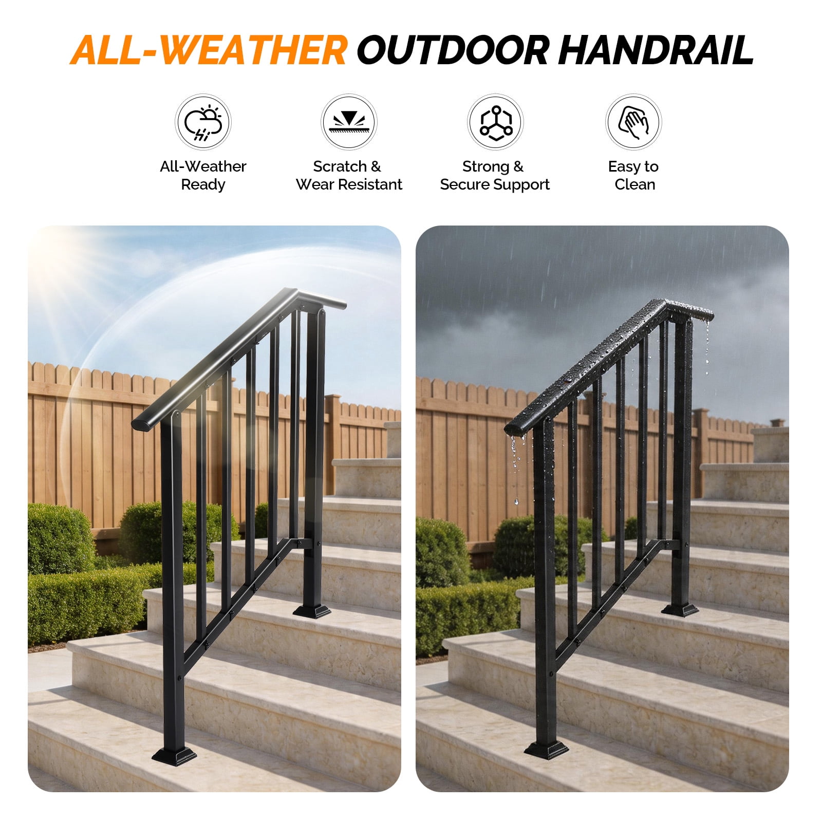 Handrails for Outdoor Steps Fits 2 to 3 Steps