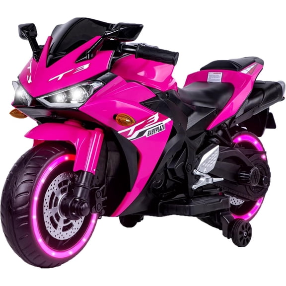 Rugerasy 12V Ride On Powered Motorcycle with Training Wheels,Manual Throttle,LED Lights,Music,USB,MP3,Pink