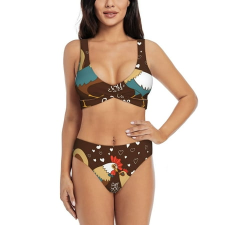 Zeuib Rooster And Chicken High Waisted Tummy Control Bikini Set - Knot Front Push Up Top & Cheeky Thong Bottom  Two-Piece Swimsuit for Women-Small