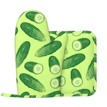 

Cucumber Pattern green Oven Mitts and Pot Holders Sets with 1 Non-Slip Left Silicone Oven Mitts and 1 Heatproof Insulated Hot Pads for Kitchen Use in Cooking Baking Grilling