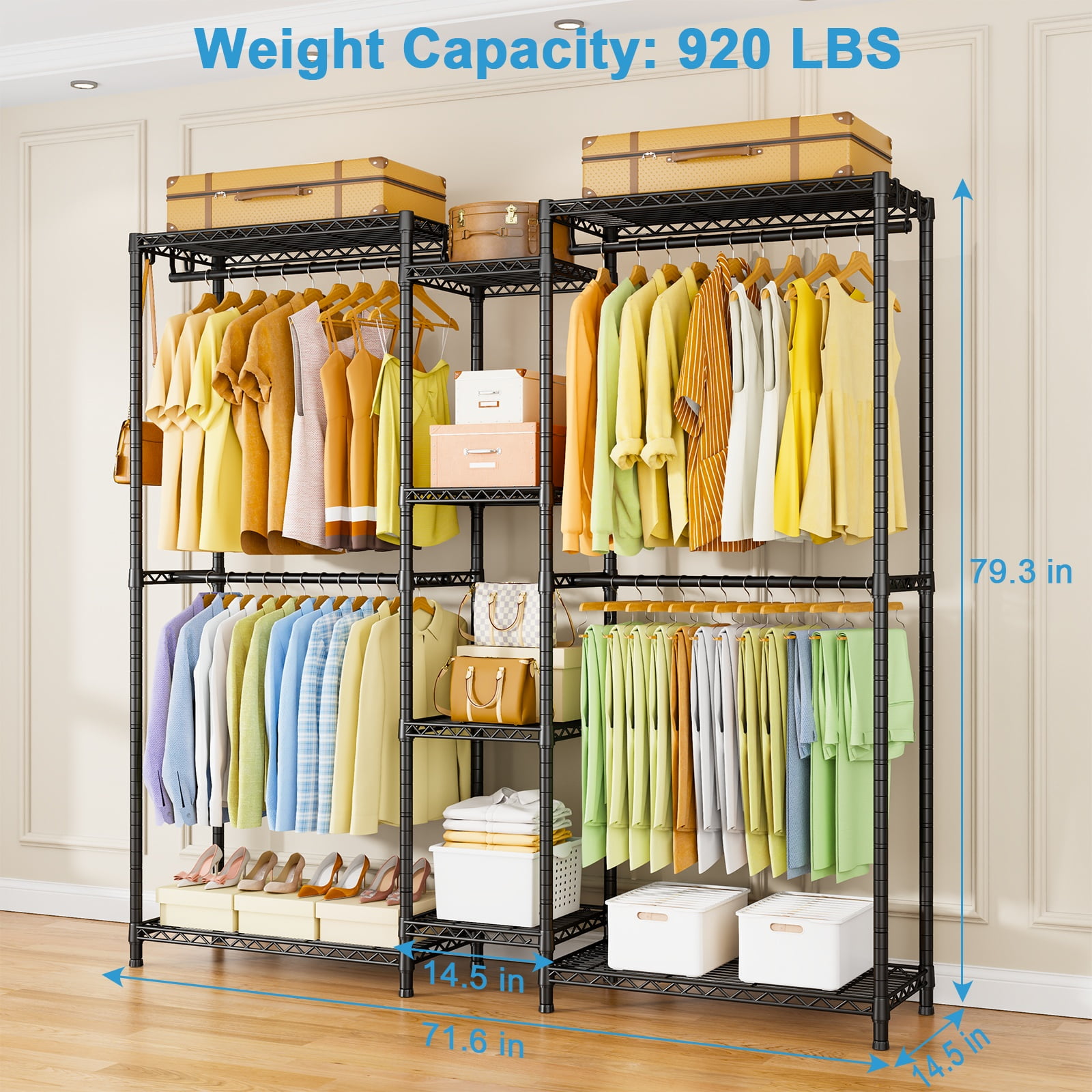Ulif E4 Wire Garment Rack, Metal Freestanding Closet Organizer and Storage System, Heavy Duty Clothing Wardrobe with 8 Shelves and 4 Hanger Rods, Max Load 920 LBS, 70.9" W x 14.6" D x 79.3" H, Black