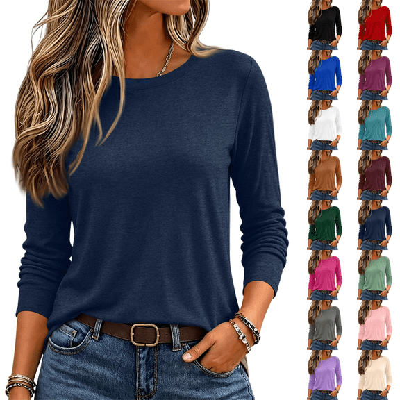 3/4 Length Sleeve Women Tops Crew Neck Blouses Dressy Casual Summer T Shirts Loose Fit Business Work Clothes Navy S