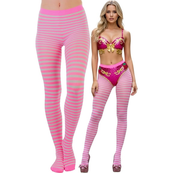 ToBeInStyle Women's Colorful Opaque Striped Tights Pantyhose Stocking Hosiery - Doll Pink/White - One Size