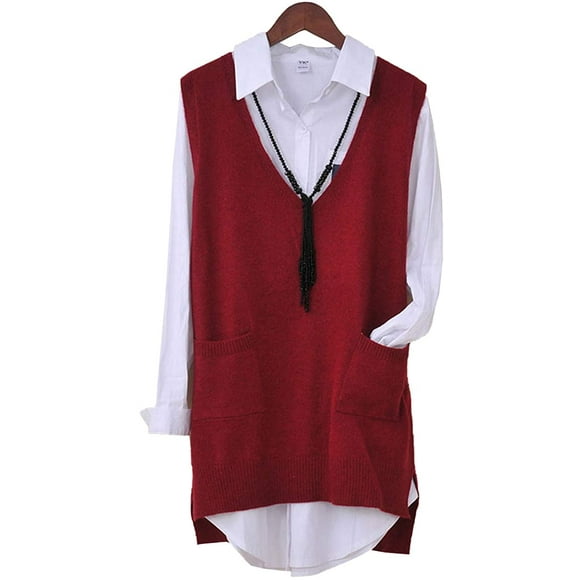 Women's V-Neck Sleeveless Pullover Sweater Vest Knit Cardigan Outwear High Low Tops with Pocket