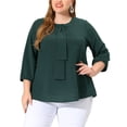 thumbnail image 2 of Plus Size Chiffon Top for Women Round Neck Tie Front Ruffle Work Blouse Top Dark Green 1X, 2 of 6