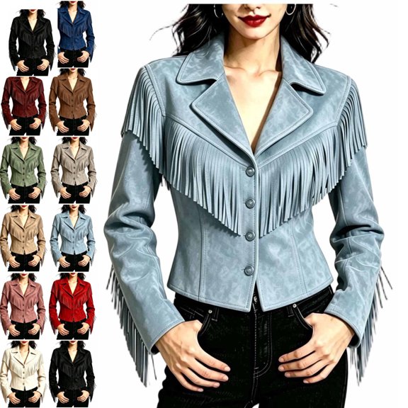 JOANKDMI Faux Suede Jacket Women Fringe Western Button Down Plus Size Lapel Collar Coat Long Sleeve Vintage Cowgirl Fall Moto Outerwear for Daily Casual Wear, S-3XL
