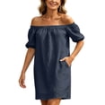 thumbnail image 6 of Kukoosong Women's Off The Shoulder Mini Dress, Short Sleeve Flowy Dress, Casual Summer Beach Sundress, Lightweight Button Up Pocket Loose Fit Dress, 6 of 7