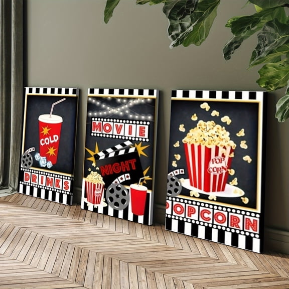 3pcs framed - Popcorn, Marshmallow themed canvas wall art framed paintings for indoors perfect gift for Valentine's Day, President's Day, Mardi Gras, him/her luxury wall decor for bedroom,