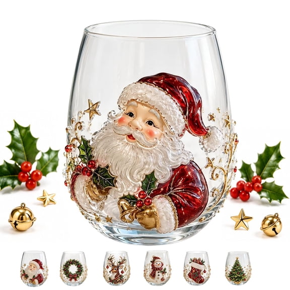 3D Christmas Glass Art Cup Set, Raised Holiday Glassware, Handmade Snowman Drinking Glass for Wine Coffee Tea, Xmas Party Festive Home Decor(Santa)