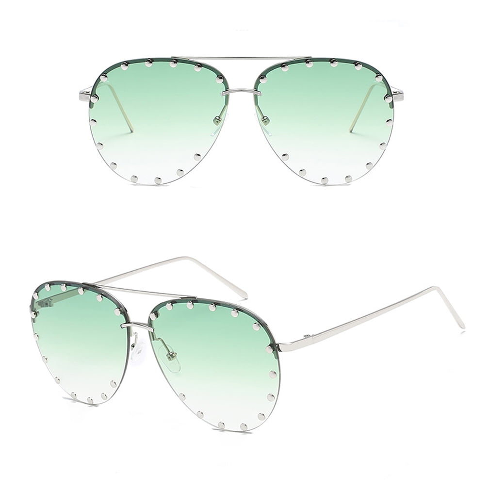 Fashion Culture Affair Green Ombre Lens Studded Aviator Sunglasses, Silver  