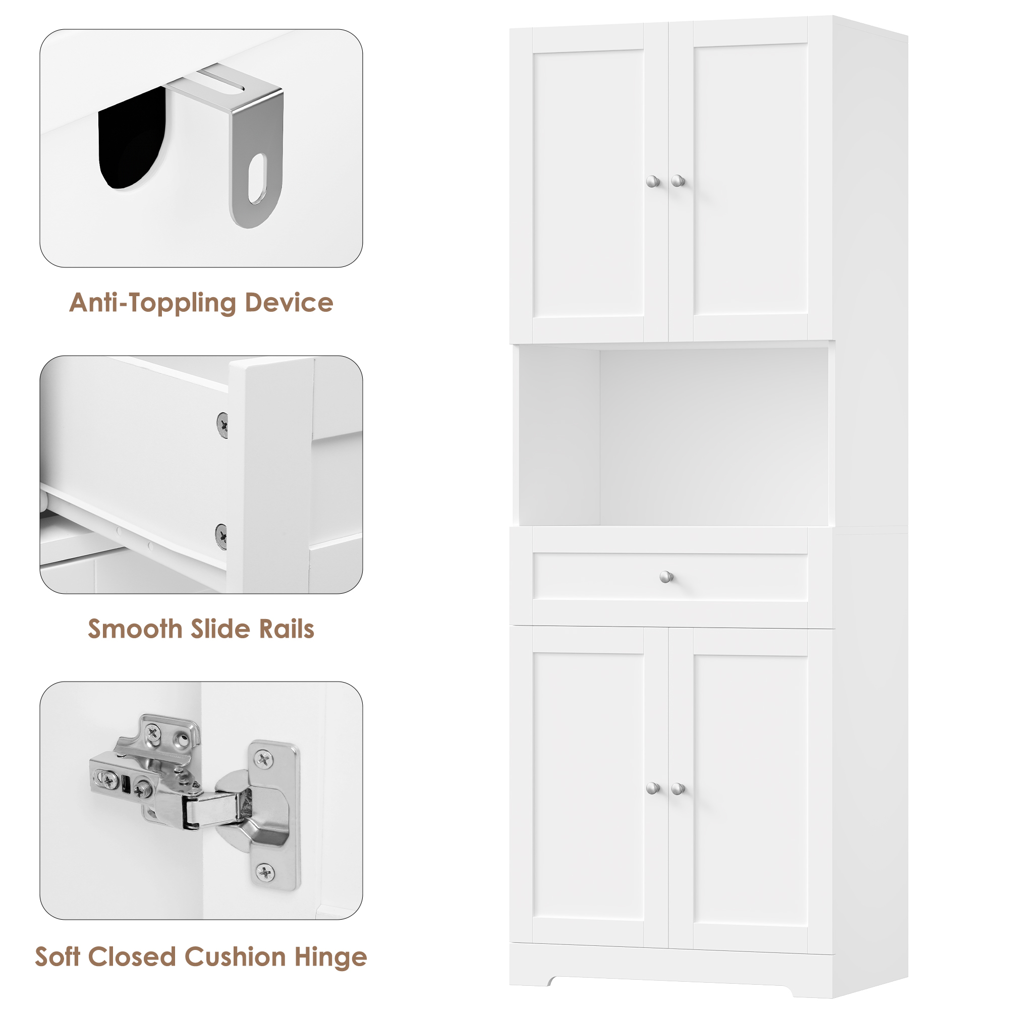 Homfa 67.5'' Tall Kitchen Pantry with Microwave Shelf, Large Storage Drawer Wood Pantry Storage Cabinet for Dining Room Living Room, White