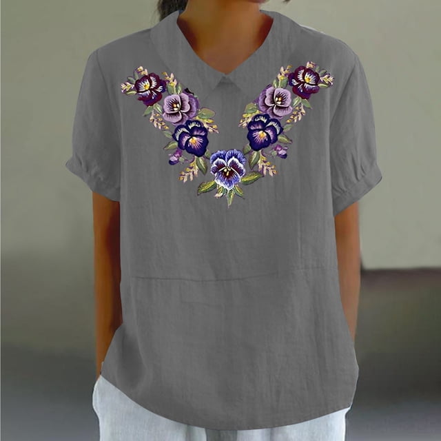 Fiudx Ofertas Del Día Camiseta Holgada Informal con Estampado para Mujer, Tops de Manga Corta con Cuello de Muñeca, Blusa Bonita y de Lino
