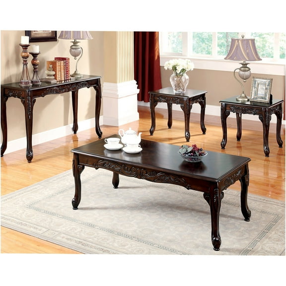 JERFIT 3-Piece Coffee Table Set with Cabriole Legs, Traditional Solid Wood Accent Tables in Dark Cherry Finish for Living Room