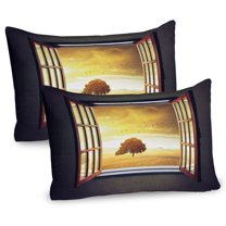 Ambesonne Landscape Pillow Sham 2 Pack, Spring Birds Country, 26"x20", Grey Marigold Brown