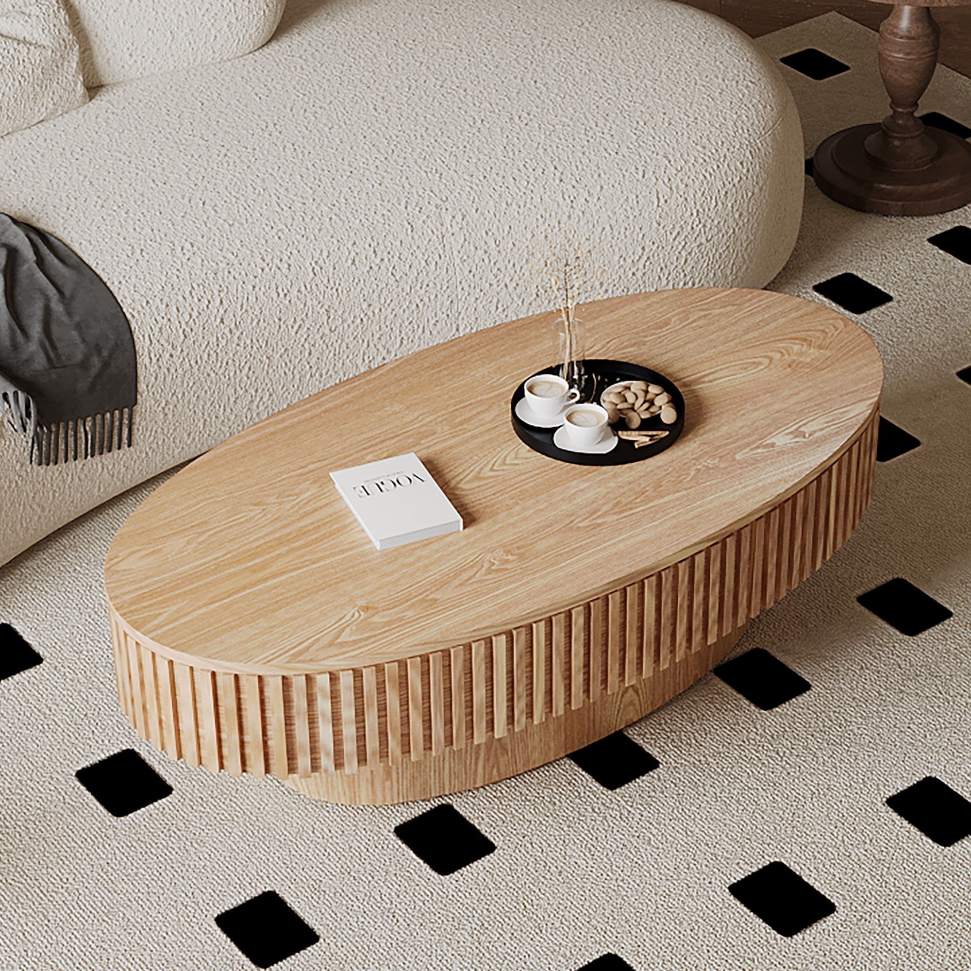47" Oval Coffee Table with Storage, Fluted Modern Coffee Table with Hidden Storage, Wood Veneer Center Table for Living Room, Natural